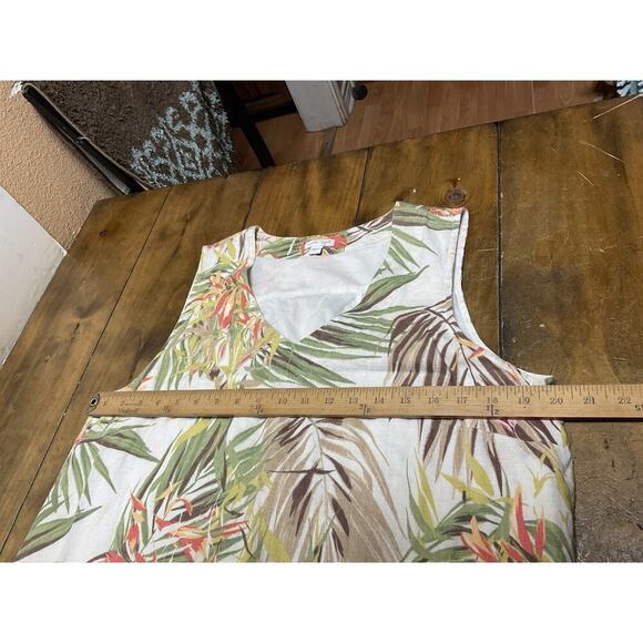 J. Jill Love Linen Cream Tropical Leaf Print Sleeveless Linen Dress Size Large - Picture 7 of 10